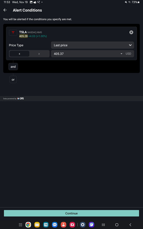 The define alert conditions on the android tablet